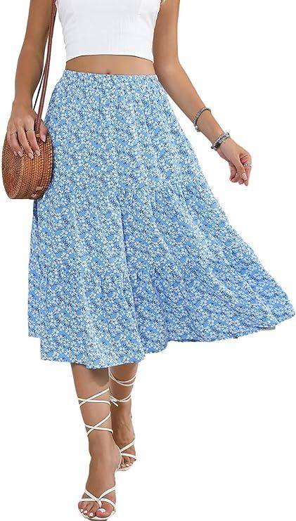 Amazon.com: Lyrur Skirts for Women Elastic Waist Aline Tiered Ruffle Casual Beach Summer Midi Floral Skirt with Pockets(S,9193-Navy Floral) : Clothing, Shoes & Jewelry Summer Flowy Skirt, Floral Clothing, Midi Skirt With Pockets, Aline Skirt, Summer Boho, Boho Skirts, Floral Midi Skirt, Skirt With Pockets, Midi Skirts