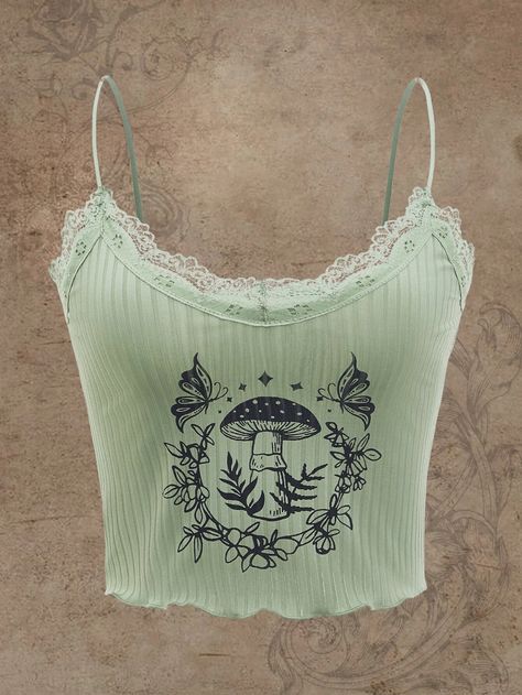 Fairycore Mushroom Print Lace Trim Cami Top | SHEIN EUQS Knit Fruit, Fairycore Mushroom, Green Cami Top, Fairycore Top, Green Cami, Lace Trim Cami Top, Mushroom Print, Dream Outfits, Lace Trim Cami