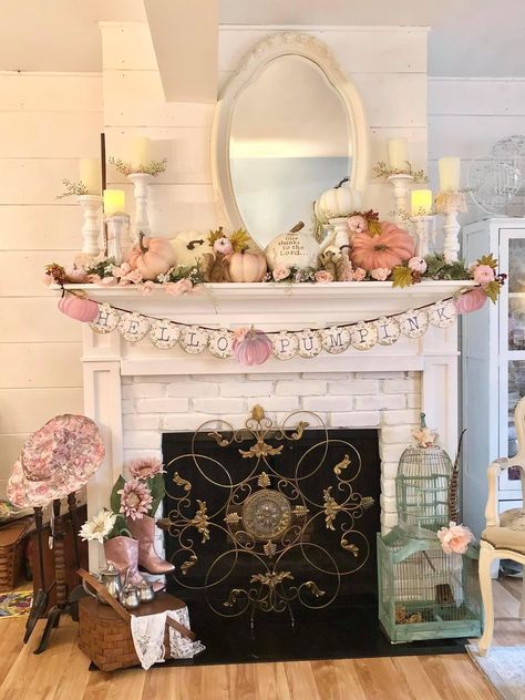 Pink Fall Mantle Decor, Shabby Chic Fireplace Mantle, Fireplaces Fake, Pumpkin Mantle, Shabby Chic Mantle, Shabby Chic Fall Decor, Shabby Chic Fireplace, Farmhouse Dollhouse, Fall Creations