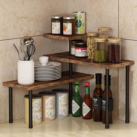 How To Decorate Kitchen Shelves, Kitchen Corner Shelves, Organiser Cucina, Kitchen Countertop Organization, Kitchen Counter Organization, Wood Decoration, Countertop Organizer, Countertop Storage, Decor Ikea