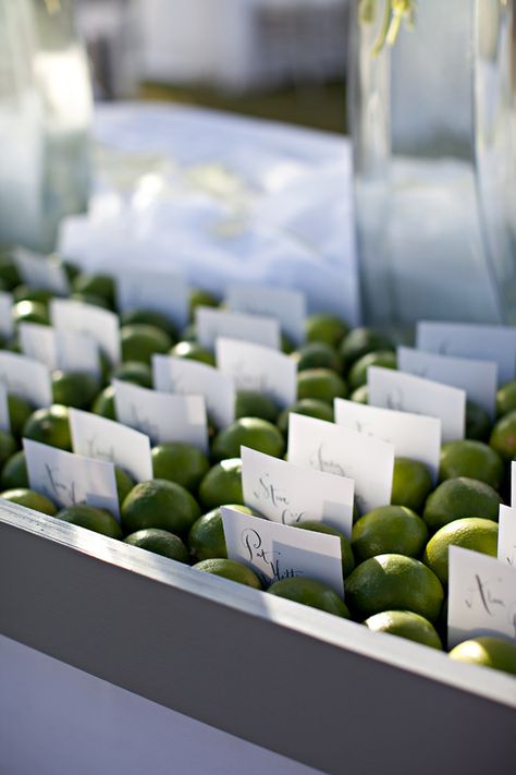 Limes with escort cards Lime Green Weddings, Blue Green Wedding, Wedding Snap, Green Weddings, Number Ideas, Couple Set, Refined Wedding, Santa Barbara Wedding, Clear Glass Vases