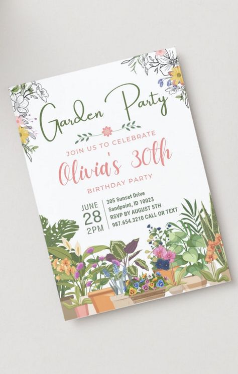 It's a Celebration: Kid's Birthday Bash Invitation Floral Garden Party, Garden Party Invitations, First Birthday Posters, Plant Party, Garden Party Birthday, Garden Birthday, Floral Birthday, Invitation Floral, 60th Birthday Party