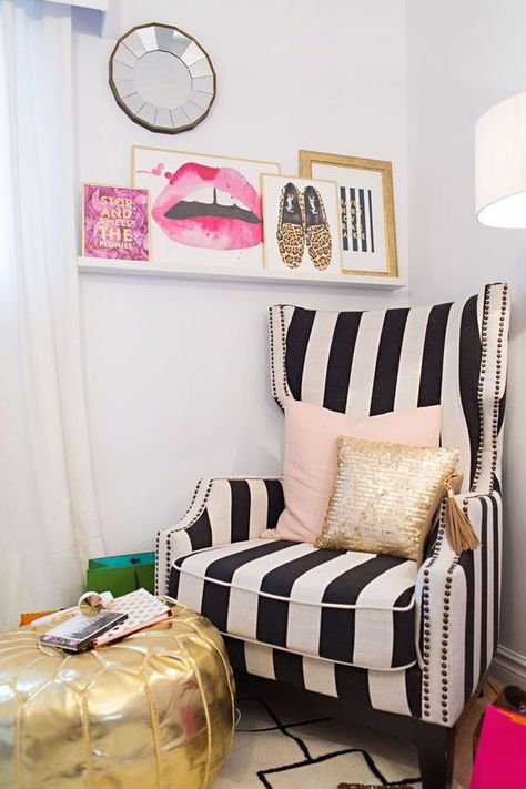 SS Print Shop's Stephanie Sterjovski at Home | The Everygirl // gold, white, black, pink bedroom // Moroccan pouf // photo by Anna With Love Eclectic Chairs, Black And White Chair, Silver Linings, Casa Vintage, Eclectic Bedroom, White Chair, My New Room, Dressing Room, Design Modern