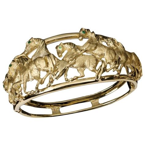 YG Six Horses Bracelet, Emerald Eyes ($14,000) ❤ liked on Polyvore Gold And Diamond Earrings, 18k Gold Bangle, Horse Bracelet, Bangles Gold, Emerald Eyes, Rings Accessories, Yellow Gold Bangle, Horse Jewelry, Luxury Earrings