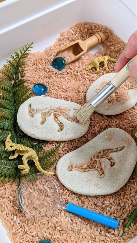 Fossil Sensory Bin, Dino Fossil Craft, Dino Sensory Bin, Dinosaur Arts And Crafts, Dinosaur Sensory Activities, Fossil Activity, Sensory Bins For Preschool, Dinosaur Sensory Bin, Dinosaur Crafts Preschool