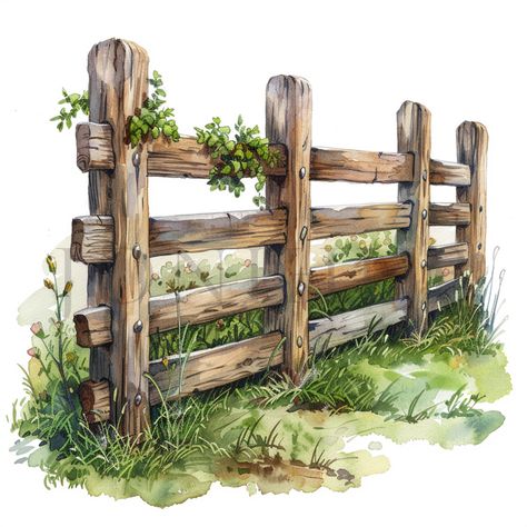 Fence Painting Canvas, Fences Drawing, Farmhouse Fence Ideas, Paint Fence Ideas Backyards, Picket Fence Drawing, Old Wood Fence, Old Fences Drawing, Fence Drawing, Fence Clipart