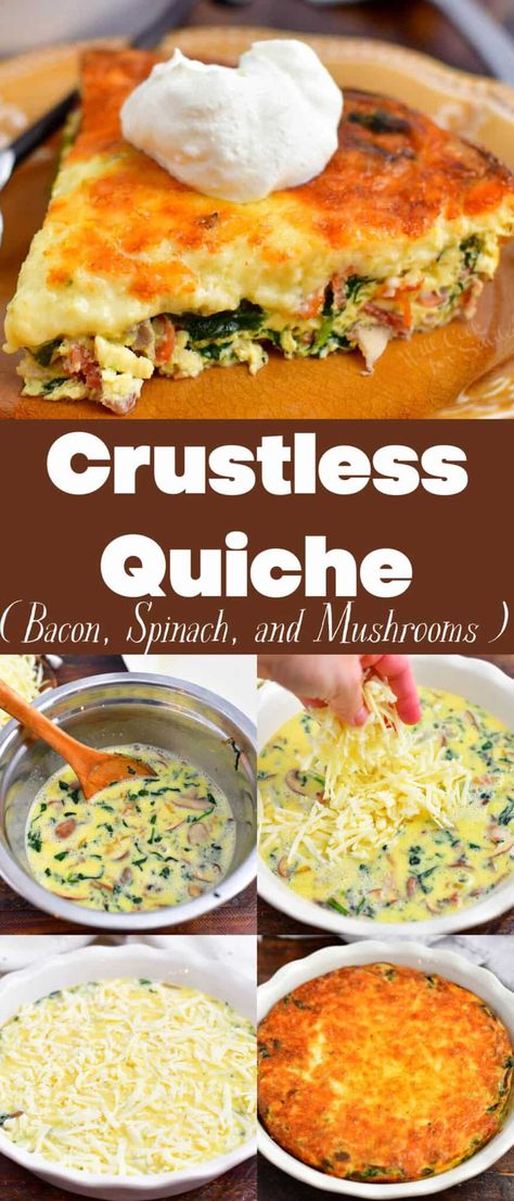 Crustless Quiche - Loaded With Bacon Spinach and Mushrooms Eggs Quiche, Quiche Crustless, Spinach And Mushrooms, Mushrooms And Spinach, Quiche Recipes Easy, Bacon Quiche, Brunch Eggs, Yummy Healthy Breakfast, Light Breakfast