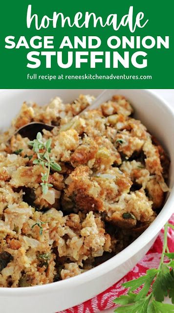 Sage and Onion Stuffing by Renee's Kitchen Adventures. Easy recipe for classic homemade sage and onion stuffing made from scratch. Make ahead directions included as well as cooking directions for stuffing in bird, in casserole dish, and in slow cooker!! Stuffing Vegan, Homemade Stuffing Recipes, Onion Stuffing, Stuffing Thanksgiving, Easy Stuffing Recipe, Sage And Onion Stuffing, Turkey Stuffing Recipes, Dressing Recipes Thanksgiving, Sage Stuffing