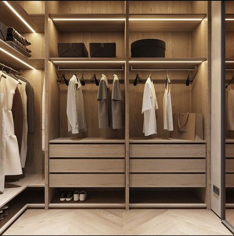 Walk In Closet White And Wood, Walk In Closet Wood, Dark Wood Closet Walk In, Walk In Wardrobe Dark Wood, Walk In Closet Dark Wood, Wardrobe Internal, Wardrobe Internal Design, Warm Minimalism, Plan Layout