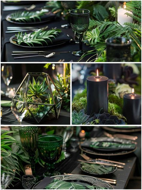 Rain Forest Wedding, Black And Green Wedding Theme, Pink And Gold Wedding Theme, Green Wedding Theme Ideas, Gold Wedding Theme Ideas, Black And Green Wedding, Green Wedding Theme, Enchanted Forest Theme, Wedding Theme Ideas