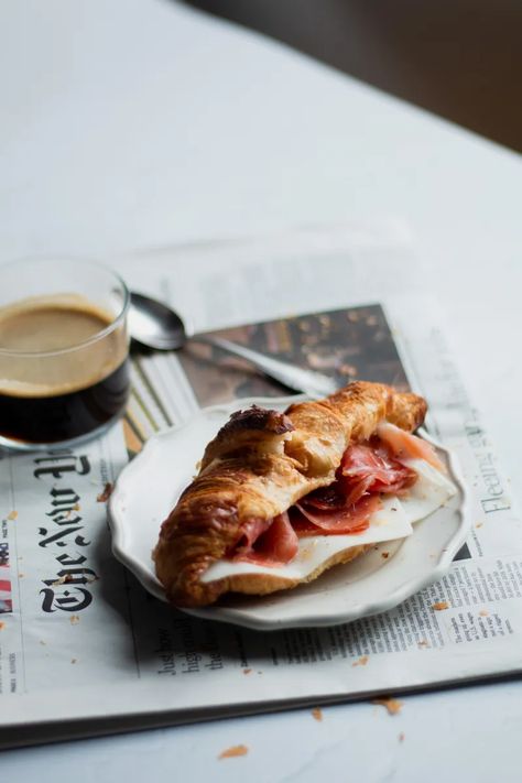 Prosciutto & Goat Cheese Croissant Sandwich - from a small kitchen Crossiant Photography Styling, Croissant Sandwich Photography, Croissant Photography Food Styling, Croissant Photoshoot, Crossiant Sandwich, Patisserie Aesthetic, Croissant Photography, Croissant Brunch, Pizza Photoshoot