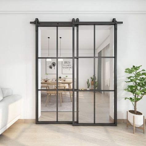 JUBEST Glass Bypass Barn Door with Installation Hardware Kit | Wayfair Sliding Office Doors, Metal Frame Door, Home Office Glass Doors, Space Saving Doors, Glass Sliding Door, Double Sliding Barn Doors, Bypass Barn Door, Laundry Business, Glass Sliding Doors