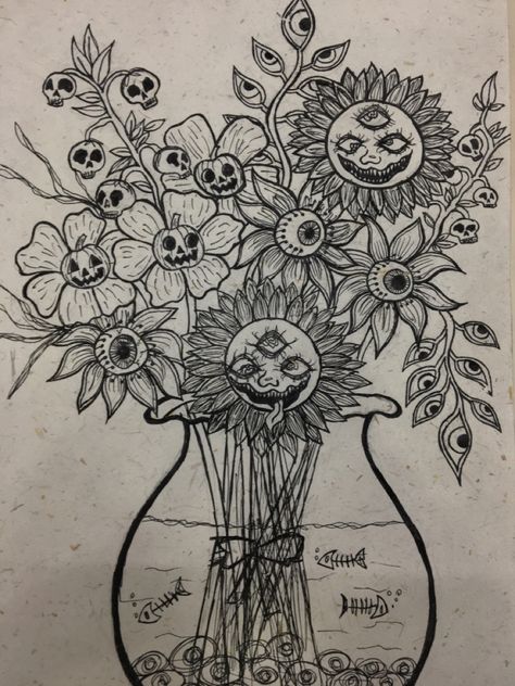 Plants With Faces Drawings, Scary Flowers Drawing, Sunflower Eye Drawing, Creepy Sunflower Drawing, Horror Flower Drawing, Cool Sunflower Drawings, Plant With Eyes Drawing, Monster Flower Drawing, Plants With Eyes Drawing