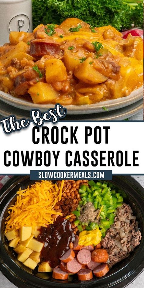 Slow Cooker cowboy casserole combines ground beef, bacon, beans, and potatoes with classic southwestern flavors and BBQ sauce to create a zesty dish that makes an easy crock pot meal every time. Cowboy Casserole Recipe Crockpot, Crockpot Cowboy Casserole, Bacon Beans, Cowboy Casserole Recipe, Ground Beef Crockpot Recipes, Cowboy Casserole, Crockpot Casserole, Beef Bacon, Crockpot Recipes Beef