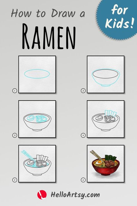 Draw ramen easy for kids. | how to draw ramen in 6 simple steps. | Follow along with each picture to create a how to draw ramen. Designed for kids who want to learn how to draw! Ramen Bowl Drawing, Ramen Easy, Food Drawing Easy, Bowl Drawing, Step By Step Sketches, Noodle Art, Easy Ramen, Drawing Lessons For Kids, Drawing Lesson