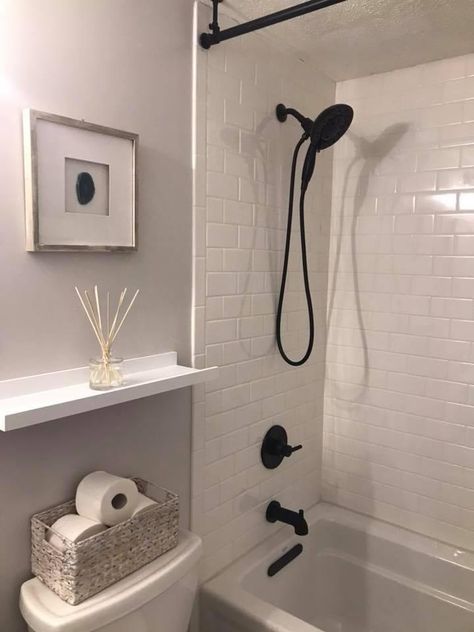 Tub And Shower Faucet Combo, Black Bathtub Hardware, Farmhouse Shower Head, Black Bathroom Shower Head, Delta Shower Faucets, Black Shower Head And Faucet, Shower Handles Ideas, White Shower Black Fixtures, Black Shower Head Bathroom