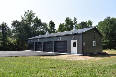 This is a 4-car garage that we built in Midlothian, VA. Click the link for the full list of specs! 4 Car Garage Plans With Loft, 5 Car Garage Detached, 3 Car Garage Metal Building, 4 Bay Shop, 4 Car Garage Plans, Black And White Pole Barn, Big Garage Ideas, 4 Stall Garage, Large Garage Ideas