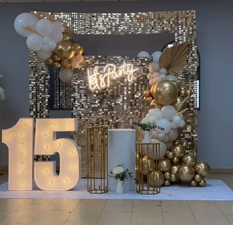 Golden Birthday Themes, Birthday Backdrop Design, Shimmer Wall Backdrop, Sequin Wall, Coin Photo, Bridal Shower Balloons, Shimmer Wall, 1st Birthday Decorations, Golden Birthday