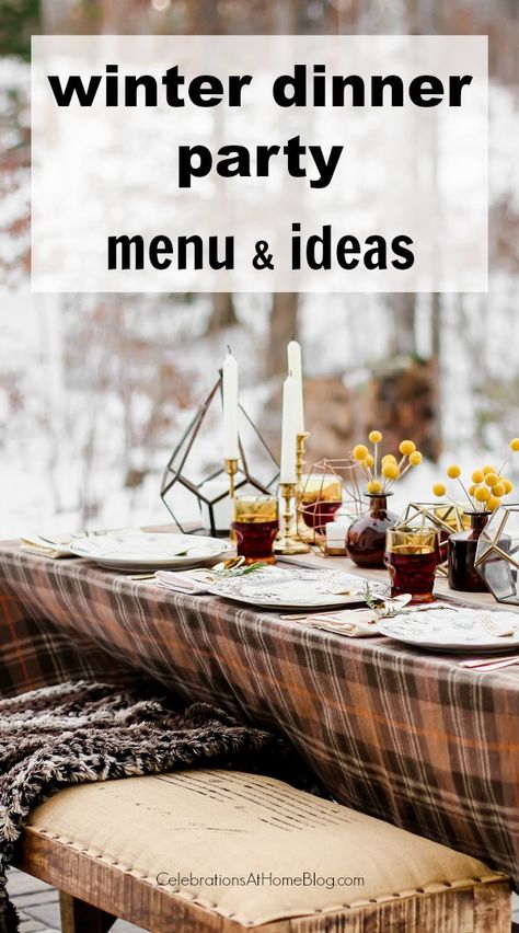 Host a winter dinner party at home with these menu recipes and casual tablescape ideas. #dinnerparty #entertaining #home #menu Dinner Party Menus Ideas, Informal Dinner Party Ideas, Hosting Family Dinner Party Ideas, Entertaining Menu Ideas, Winter Feast Dinner Parties, January Dinner Party Menu Ideas, Dinner Party Themes Winter, Dinner Party Menus Entertaining, Winter Menu Ideas Dinner Parties