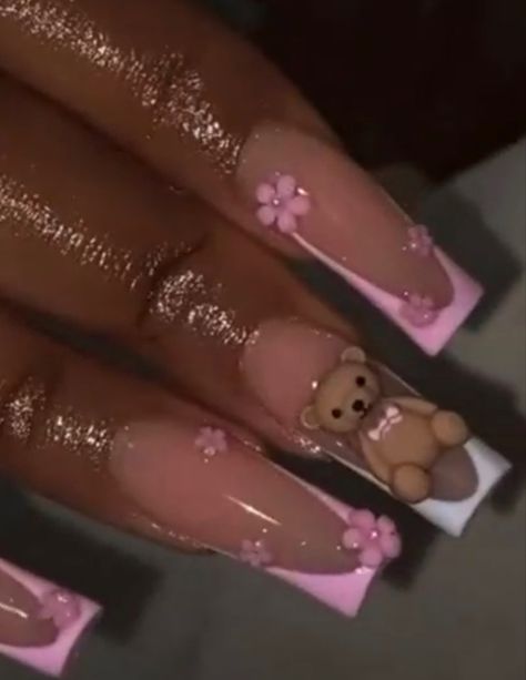 Teddy Bear Charm Nails, Teddy Bear Nails, Bears Nails, Pink Ombre Nails, Hello Kitty Nails, Candy Girl, Cute Acrylic Nail Designs, Kawaii Nails, Minimalist Nails