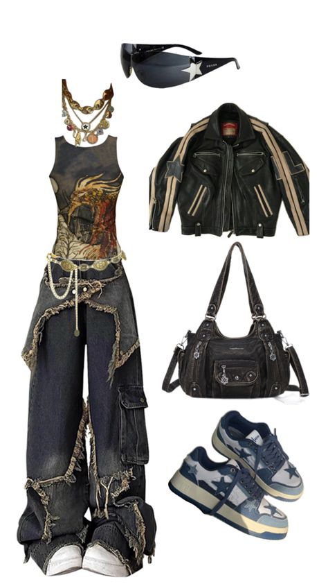 Sag rising, venus outfit inspo. Y2K. Baggy jeans, tank top, jewelries, waist chain, star boots, bags Y2k Star Outfit, Star Jeans Outfit, Sag Rising, Outfit Inspo Y2k, Star Outfit, Y2k Baggy Jeans, Jeans Tank Top, Y2k Star, Star Boots