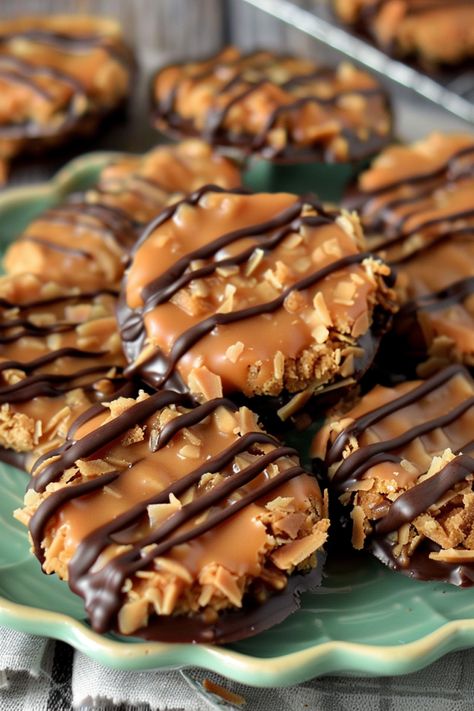 No Bake Copycat Samoa Girl Scout Cookies, Homemade Somoa Cookies Girl Scouts, No Bake Samoa Cookies (girl Scout Copycat), Apple Samoa Cookies, Samoa Thumbprint Cookies, Hawaiian Cookies Recipes, No Bake Samoa Cookies, Russian Tea Recipe Tang, Six Sisters Stuff Recipes