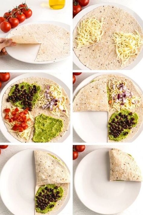 How to Make Vegetarian Quesadillas With Beans and Cheese How To Fold Quesadillas, Guacamole Dinner Ideas, Low Calorie Quesadilla Recipes, Vegetarian Tortilla Recipes, How To Make A Quesadilla, Tiktok Quesadilla, Low Calorie Quesadilla, Guacamole Quesadilla, Low Calorie Recipes Vegetarian