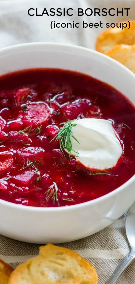 This is a classic Ukrainian Borscht Recipe, just like Mom's. Everyone has fallen in love with this iconic beet soup. We love the deep ruby color of this borsch; so healthy and nutritious. #borscht #borsch #beetrecipes #beetsoup #beets #potatoes #soup #souprecipes #familyfavorites #delicious #recipes Canning Borscht Soup, Borsh Soup Recipes, Classic Borscht Recipe, Borscht Soup Recipe, Beet Borscht, Ukrainian Borscht, Beet Soup Recipes, Borscht Recipe, Borscht Soup