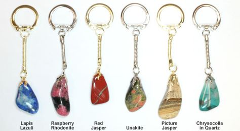 I made these with my rock tumbler! Polished stone keychains Rock Tumbling Jewelry, What To Do With Polished Rocks, Rock Tumbler Projects, Tumbled Rock Art, Crafts With Gemstones, Tumbled Rocks Crafts, Tumbled Rock Projects, Polished Rocks Projects, Tumbled Stone Jewelry