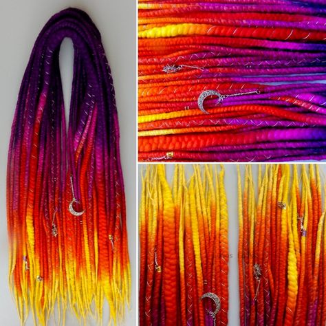 Sunset hair purple yellow orange smooth wool dreadlocks Sunset Braids, Yellow Hair Ideas, Dreads Inspiration, Purple Dreads, Braids Dreads, Dread Falls, Faux Dreads, Wool Dreadlocks, Sunset Hair