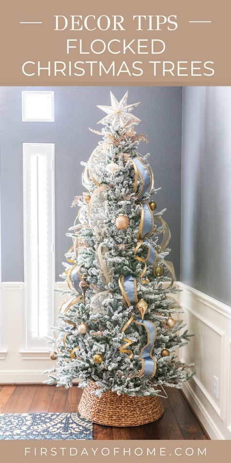 Learn how to decorate a flocked Christmas tree with ribbons, floral accents, ornaments, tree toppers, and skirts or collars. In this step-by-step guide, we take the guesswork out of decorating your white flocked tree with practical tips and suggestions. #flockedtree #christmasdecorations #christmastree #firstdayofhome How To Decorate A White Flocked Christmas Tree, Flocked Tree Decorating Ideas Gold, Ribbon On Flocked Christmas Tree, How To Decorate A Flocked Christmas Tree, 7 Foot Flocked Christmas Tree, How To Flock A Tree, Flocked Tree With Gold Ornaments, Decorating A Flocked Christmas Tree, Flocked Pencil Tree Decorating Ideas