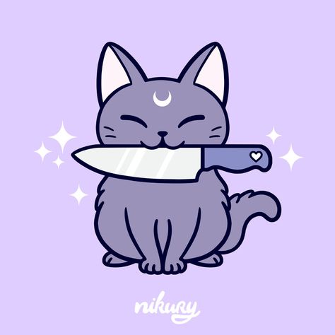 Black Knife, Cartoon Cat, Kittens, Stars, Purple, Black