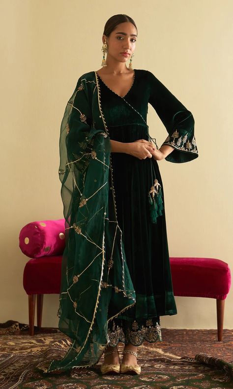 https://www.shopdrzya.com/products/sufiya-green-velvet-embroidered-angrakha-anarkali-with-scallop-palazzo-and-dupatta-set-of-3 Velvet Anarkali Suits, Green Suit Women, Angrakha Anarkali, Angrakha Dress, Black Velvet Suit, Suits For Women Indian, Indian Outfits Lehenga, Velvet Dress Designs, Embroidered Anarkali