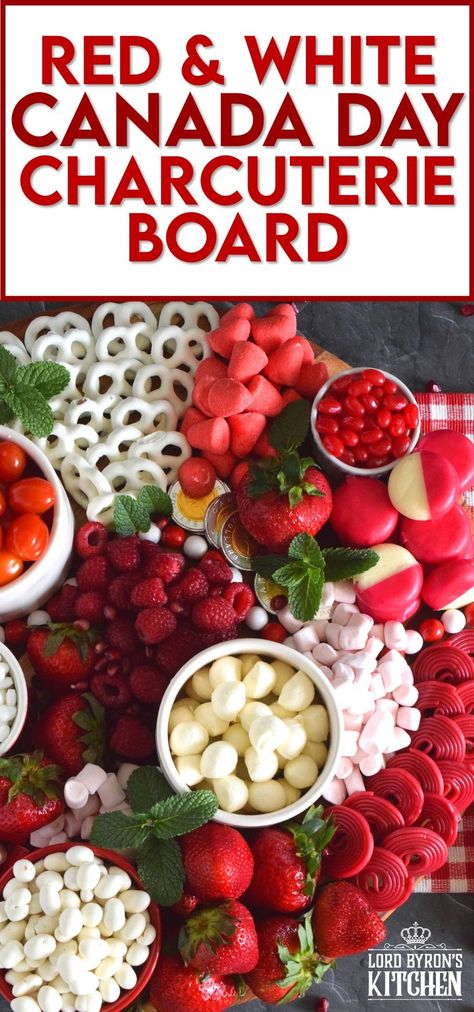 Gather together a bunch of red and white snack foods to assemble this super easy Canada Day Charcuterie Board! Your friends and family will love filling up on these festive snacks. Set the board down right into the middle of your patio table, and let everyone help themselves! All you need is a bunch of napkins and lots of ice cold drinks! Happy Canada Day! #canadaday #canada #charcuterie #redandwhite #festive #snacks Red Themed Food Board, Canada Day Snacks For Kids, Canada Day Charcuterie Board, Red Themed Charcuterie Board, Red Board Night Food, Canada Day Appetizers Ideas, Canada Day Party Food, Canada Themed Party, Red Food Party