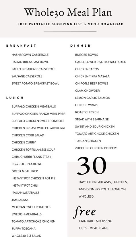 This Whole30 meal plan is 30 days of breakfast, lunch, and dinner, with proven, delicious, family-friendly recipes! You'll actually love Whole30 with this free printable meal plan with shopping lists. #whole30 #mealprep #recipe #cleaningeating Whole 30 Recipes Breakfast, Recipes Whole 30, Mealprep Recipe, Whole30 Meal Plan, Paleo Breakfast Casserole, Chili Dinner, Chicken Poppers, Lemon Garlic Salmon, 30 Diet