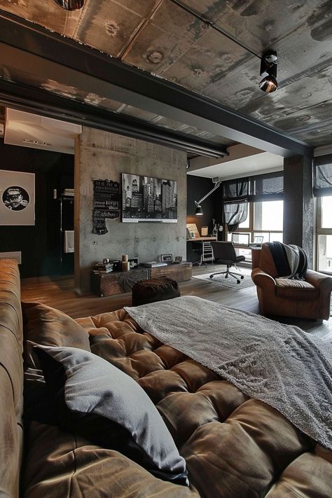 Gents, bring sexy brooding vibes to bedrooms in 2024 with these dark and moody design ideas! Stormy color palettes, industrial materials, tactical and indie flourishes. 👆 Click for more ideas！ #HomeDecor #DecorInspiration #HomeIdeas #InteriorDesign #HomeInspiration #DecorTips #InteriorInspo #HouseGoals #HomeStyle #HomeDecorating Dark Masculine Aesthetic Room, Industrial Mens Bedroom, Men Dark Room Aesthetic, Masculine Home, Male Apartment, Loft Apartment Dark Aesthetic, Moody Apartment, Men’s Industrial Bedroom, Home Layout Design