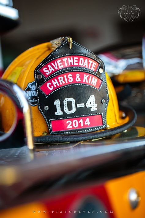 Save the date-firefighter style! I think it's a really cute idea if the couple were in the background of the picture! Save The Date Firefighter, Firefighter Proposal Ideas, Crazy Wedding Ideas, Fire Department Wedding, Fireman Wedding, Firefighter Engagement, Firefighter Life, Fire Wedding, Firefighter Wedding