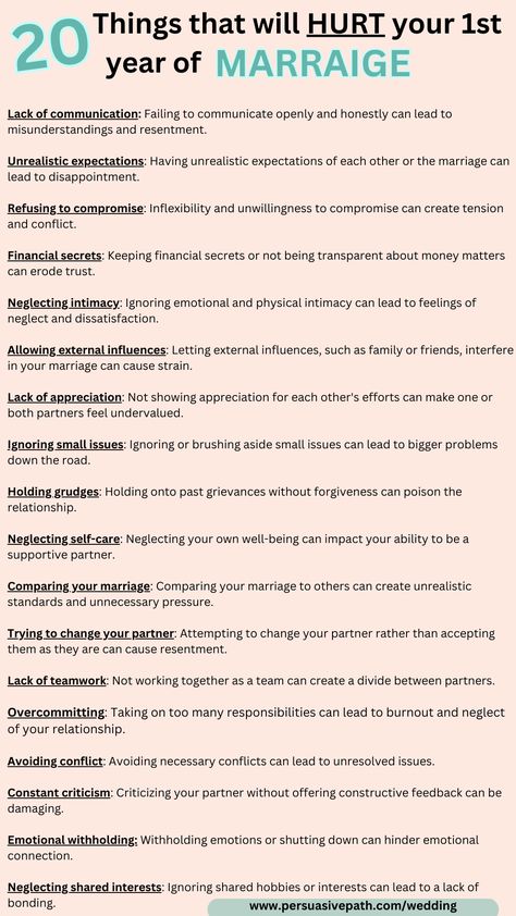 Embarking on the journey of a lifetime? 💍💒 Your first year of marriage is crucial, and we've got you covered with this must-see list of 20 things to avoid! 🛑💔 Learn from the experiences of others and protect your precious bond! 💪💖 Discover the pitfalls that could threaten your marital bliss and proactively create a strong foundation together! 🌟 Don't let these mistakes ruin your love story! ❤️📌 #MarriageTips #RelationshipAdvice #HappilyEverAfter" Marriage To Do List, Pre Relationship Things, Things To Ask Before Marriage, 1st Year Of Marriage Quotes, Before Marriage Things To Do, Marriage Expectations List, Marriage Boundaries List, How To Save Your Marriage, Pros And Cons List Relationship