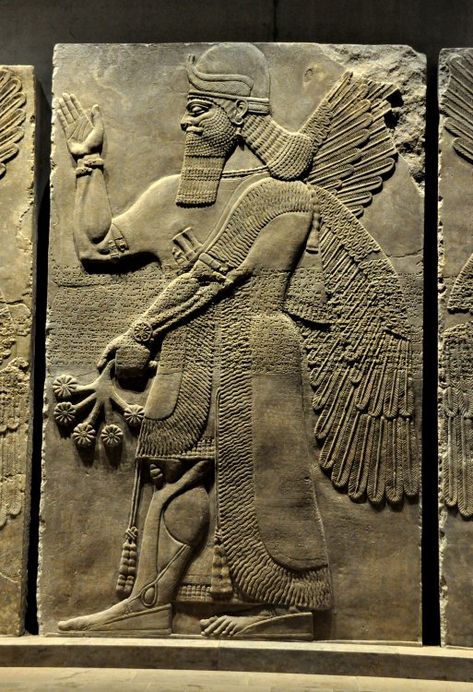 This is an alabaster bas-relief depicting a standing human-headed and winged sage or genie, Apkallu, a protective spirit. He wears a horned helmet, elaborate dress, and marvellous accessories. Neo-Assyrian Period, 9th century BCE. From the North-West Palace at Nimrud. (State Museum of Egyptian Art in Munich, Germany) Ancient Sumer, Ancient Babylon, Ancient Sumerian, Cradle Of Civilization, Ancient Near East, Ancient Persia, Ancient Mesopotamia, Ancient Persian, Ancient Mysteries