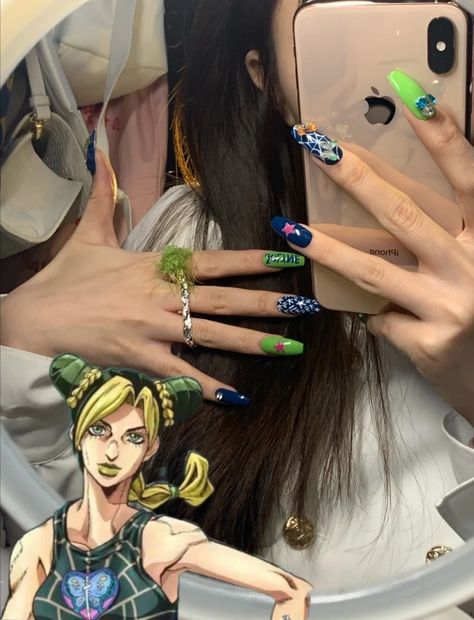 Jolyne Kujo Nails, Jjba Inspired Nails, Jojo Inspired Nails, Jojo's Bizarre Adventure Nails, Douma Nails, Jjba Nails, Jojo Nails, Anime Nails, Cool Makeup Looks