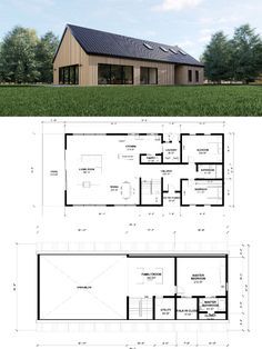 This beautiful modern 3 bedroom Barn cabin loft house plan is 32'x70' (2,240 sq ft.) or 9.8mx21m (205 S.Q.M.) and has 3 bedrooms and 2 bathrooms. The living area and kitchen in this contemporary-styled cottage have spacious windows, high ceilings, and an open floor layout. It allows you to enjoy wonderful views and have a bright interior thanks to its large sliding doors. When you buy this package, you receive all of the building's architectural drawings in PDF format. 4 Bed Barndominium, 4 Bed Barndominium Floor Plans, House Layout Modern, Open Floor Layout, Loft House Plans, Barndominium House, Pole House, Cabin Loft, Bright Interior