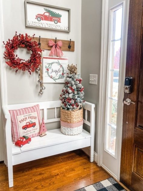 You know this is one of my FAVORITE little spots in my house to decorate for all the seasons and reasons! Why?! Because it doesn't take much to make it adorable! Come see my Christmas #xmas #christmasdecor #xmasdesign Wilshire Collections, Holiday Entryway, Entryway Decorating, Christmas Entry, Christmas Entryway, Foyer Ideas, Entryway Inspiration, Valentines Decor, Winter Decorations