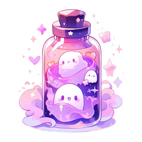 Cute Kawaii Halloween Happy Ghosts in a Flask Sticker Kawaii Witch Art, Kawaii Ghost Drawing, Doodle Art Purple, Kawaii Witch Aesthetic, Halloween Cute Art, Cute Ghost Aesthetic, Pastel Halloween Art, Pastel Illustration Art, Mushroom Character Design