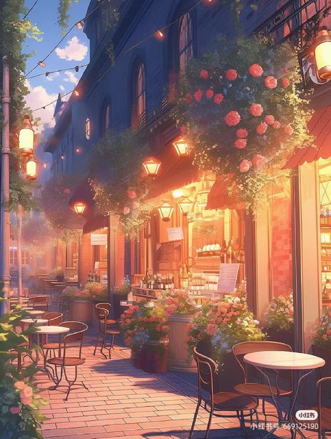 Cafe Fantasy Art, Animated House, Aesthetic Settings, Anime Cafe, Cafe Background, Market Scene, Fly Emirates, Anime City, City Cartoon