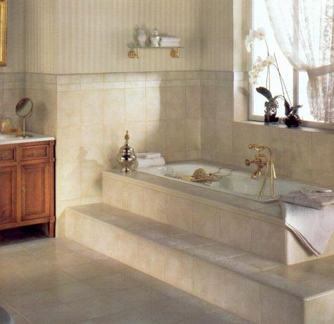 Tub with step Bathtub With Step Up, Jacuzzi Tub Bathroom With Steps, Bath With Steps, Step Up Bathtub, Bath Tub With Steps, Bathtub With Steps, Built In Bathtub Tub Surround, Step In Bathtub, Small Suite