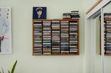 Musician Room, Cassette Storage, Cassette Tape Storage, Frame Wall Collage, Tape Wall, Beadboard Ceiling, Uni Room, Ikea Shelves, Audio Room