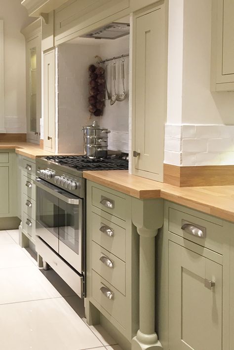 Painted kitchen from English Rose. This true in-frame kitchen is shown in painted Sage Grey and Oyster and is available in a range of other colours. Please see http://www.erkitchens.co.uk/kitchens?finish%5B%5D=Matt+Painted&finish%5B%5D=Painted+Timber&finish%5B%5D=Woodgrain+Effect+Painted for more details. Sage Kitchen Oak Worktop, Cream And Wood Kitchen, English Rose Kitchen, Sage Kitchen, Frame Kitchen, Oak Worktops, Kitchen Finishes, Kitchen Refresh, Painted Kitchen