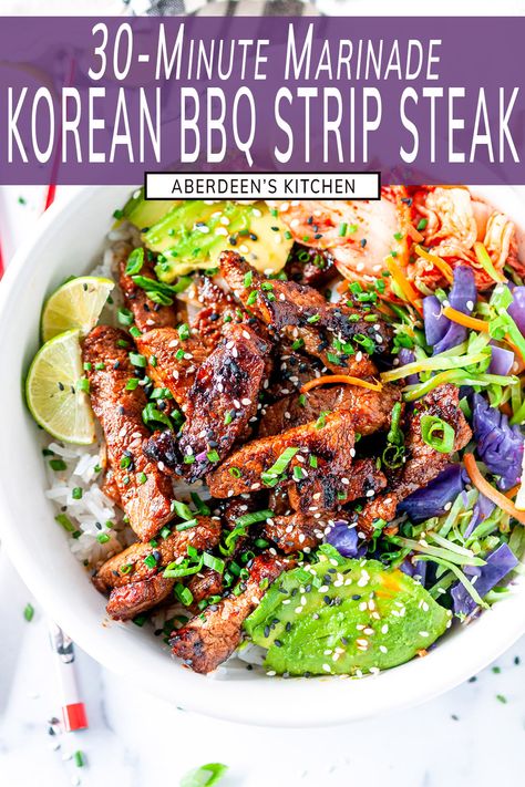 An easy, simple and amazingly tender Korean BBQ strip steak recipe! Great for stovetop meals or a backyard barbecue, this steak is marinated in a rich gochujang blend for a mouth-watering balance of sweet and savory flavors. From aberdeenskitchen.com #korean #bbq #strip #steak #beef #grilling #recipe #dinner #lunch #marinade #dairyfree #weeknight #familyfriendly #asian #fusion #cuisine Stovetop Meals, Different Cuts Of Steak, London Broil Marinade, Asian Steak, Strip Steak Recipe, Steamed Cabbage, Steamed Carrots, Bbq Steak, Sliced Steak