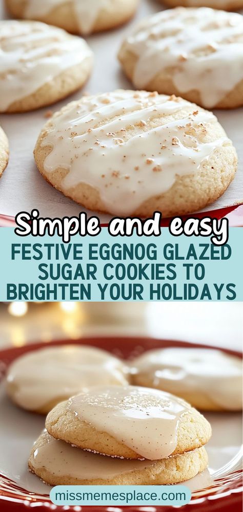 Indulge in the spirit of the season with these delightful Eggnog Glazed Sugar Cookies. Infused with the warm spices of cinnamon and nutmeg, these soft and chewy cookies are topped with a rich eggnog glaze that adds a creamy sweetness. Perfect for holiday gatherings or as thoughtful gifts, this easy recipe ensures that bakers of all skill levels can create these festive treats. Whip up a batch and let the holiday cheer shine through with every bite! Gingerbread Eggnog Cookies, Glaze For Cookies, Egg Nog Cookies, Glazed Sugar Cookies, Sugar Cookie Glaze, Eggnog Glaze, Cookie Swap Recipes, Spiced Eggnog, Cookie Glaze