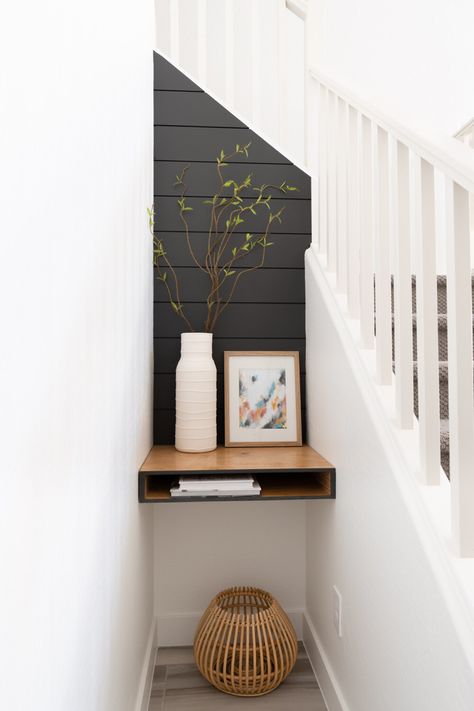 Neatly Living, Stairs Wall Decor Ideas, Stairs Wall Decor, Stairs Nook, Entry Nook, Wall Nook, Stair Nook, Native Plant Garden, Space Home Decor